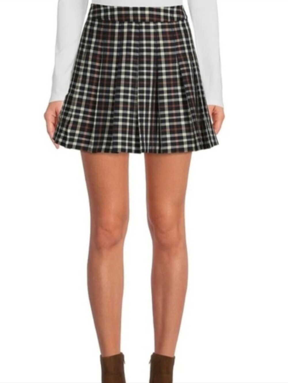 Gianni Bini Black, Brown & White Pleated Plaid Skirt Size 8